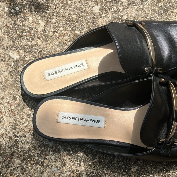 Saks Fifth Avenue black leather slip-on mules with gold metal detail - Picture 5 of 5